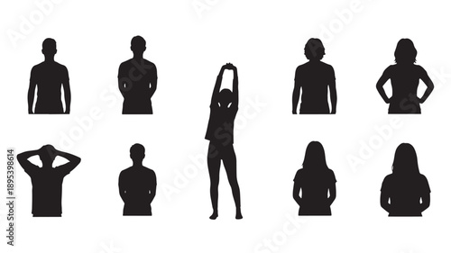 A collection of silhouetted male and female figures standing alone in various poses on a clean white background from different viewpoints