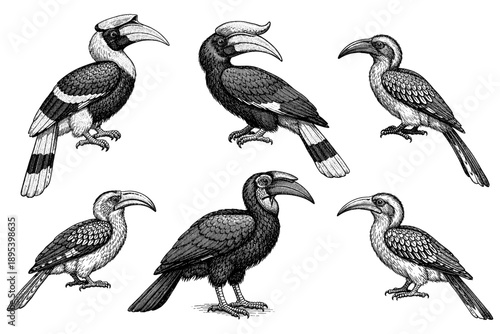 Detailed illustrations of exotic hornbills in varied poses and perspectives