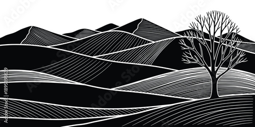 Stylized rolling hills and mountains, tree, abstract landscape, graphic design.