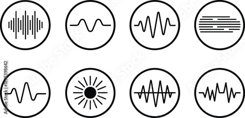 Audio sound wave icon set, music signal waveform equalizer voice frequency vector line collection isolated background