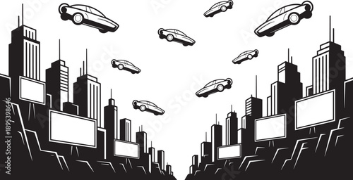Retro sci fi city street with flying cars and billboards in cartoon style