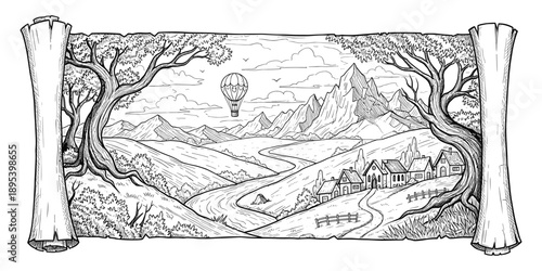Scroll opening to reveal village, mountains, hot air balloon, trees, landscape.