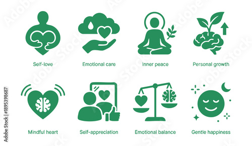 Mental wellness icons set for self care and mindfulness