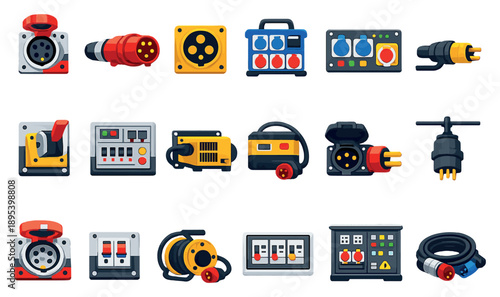 Sockets for Industrial Use in flat style: heavy-duty socket, industrial plug, high-voltage socket, power distribution board, workshop outlet, machinery power. Vector icons