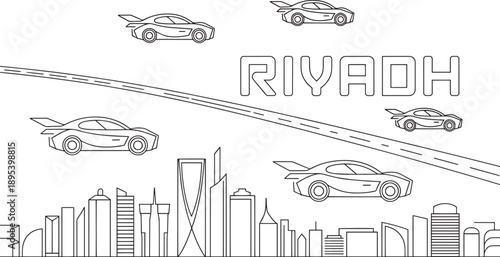 Riyadh skyline with futuristic flying cars and elevated roads over a modern cityscape outline