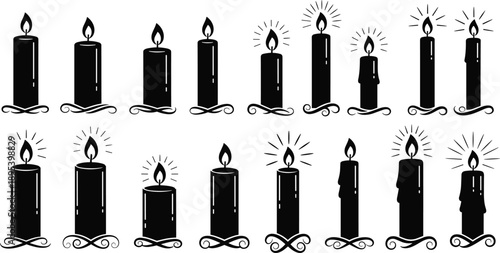 Candle silhouette set with flame isolated on white background, black burning candle vector illustration clipart collection design element