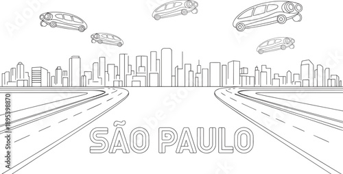 Sao paulo skyline panorama with hovering shuttle craft and long distance perspective road