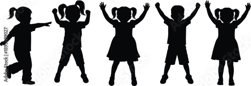 Children silhouette set jumping with raised hands isolated on white background, happy kids activity vector illustration design element