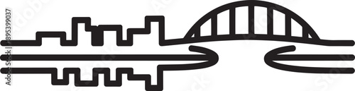 Stylized city skyline connected by an arch bridge with directional arrows on a transparent background