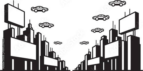 Stylized cityscape with flying cars and empty billboards in retro style