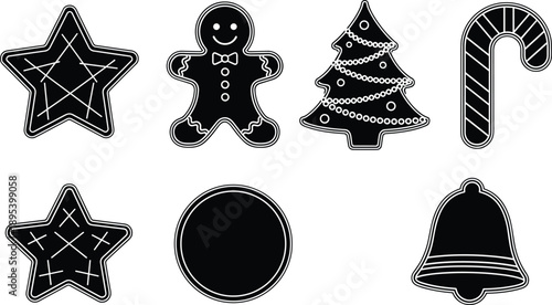 Christmas Cookie Icons Set, Star Gingerbread Tree Candy Cane Bell Round Biscuit Black Vector Collection for Holiday Design