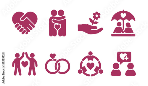 Collection of modern love and care icons in maroon