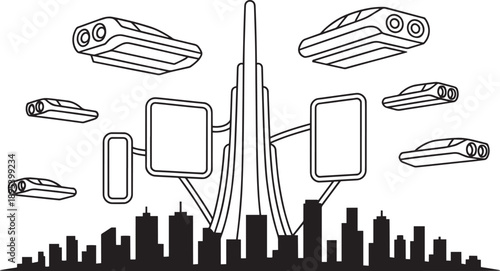 Towering futuristic skyscraper with hovering bus transport and floating digital monitors
