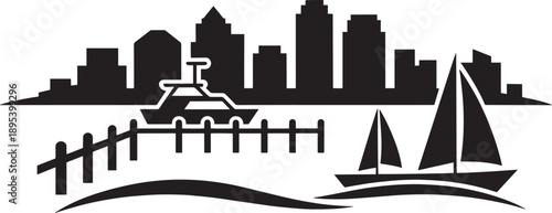 Urban city skyline with boats in water and dock in front of buildings silhouette
