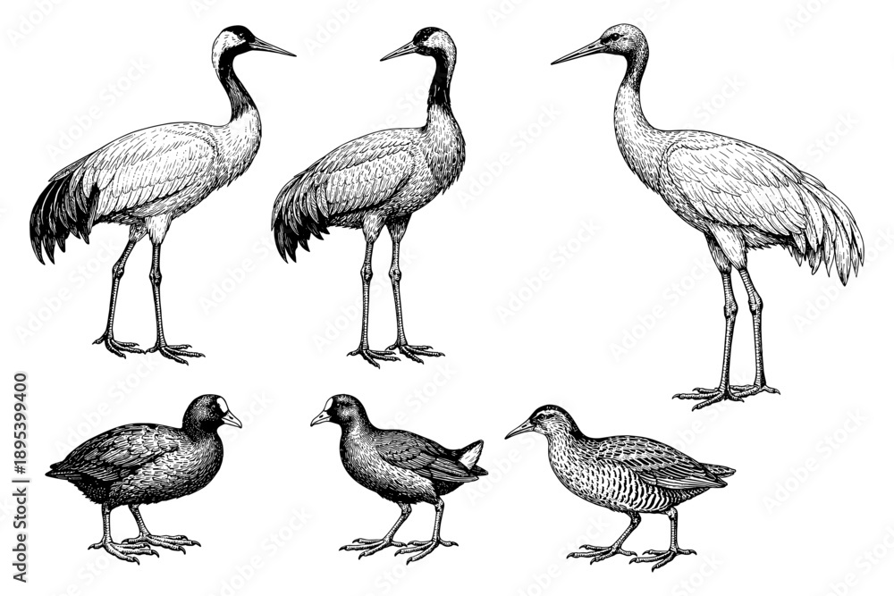 Fototapeta premium Intricate illustrations of cranes and moorhens in detailed black and white