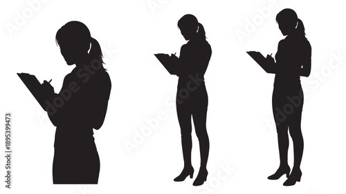 Three women in business attire standing and using digital tablets in different poses and viewpoints.