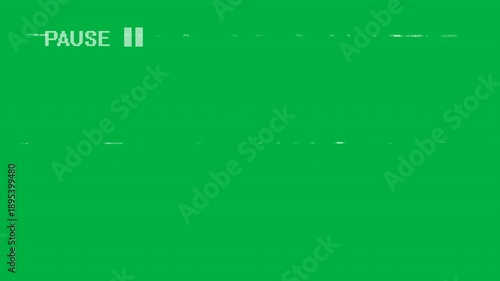 A retro VHS pause screen effect plays over a solid green background, featuring sporadic white horizontal static lines and a pause symbol in the top left corner to simulate analog videotape glitches