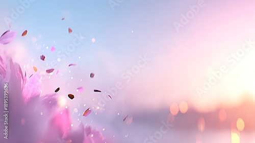Pink Flower Petals Flying in Bright Sunrise Sky with Soft Bokeh Effect