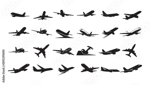 Collection of Diverse Airplanes and Aircraft in Flight Flat Design Vector Illustration