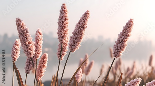 Pink Flowering Pampas Grass Reeds in Soft Morning Light