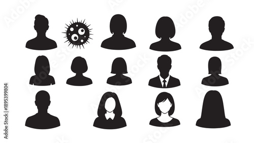 Diverse group of people silhouettes with a virus icon among them, representing a community affected by an outbreak, in a simple graphic illustration style.