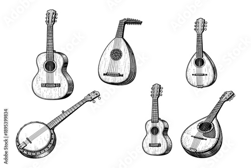 Collection of vintage string instruments: guitar, lute, banjo, mandolin, ukulele sketches
