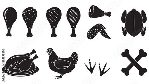 Set of Farm Animal Silhouettes and Poultry Icons Flat Design Vector Illustration