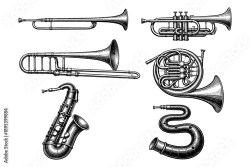 Collection of brass and woodwind musical instruments in vintage style