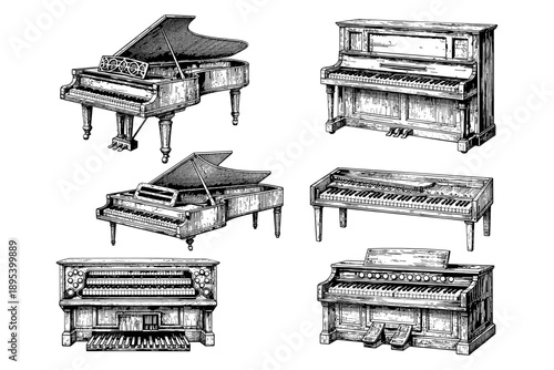 Vintage piano collection engraving: classical and upright designs