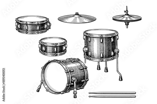 Vintage drum kit illustration with cymbals and drumsticks