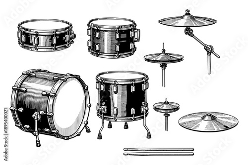 Hand-drawn drum set with cymbals and drumsticks in black and white illustration