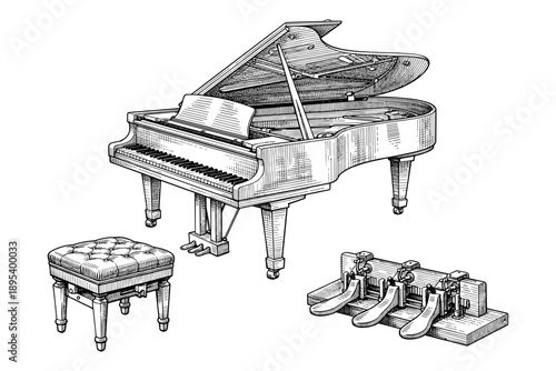 Detailed black and white illustration of a grand piano with stool and pedals