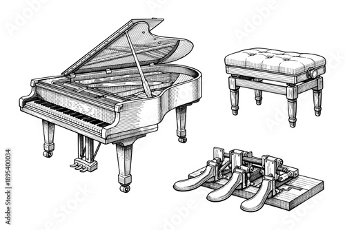 Detailed sketch of a grand piano with bench and pedals