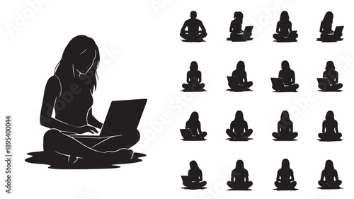 Woman sitting cross-legged with laptop, surrounded by silhouettes of people meditating in various poses on a plain background from a straightforward viewpoint.