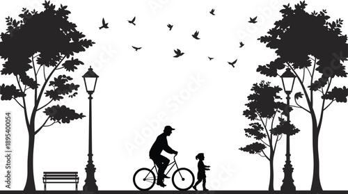 Silhouette of a man cycling and a child walking beside him in a park with trees, lampposts, and flying birds