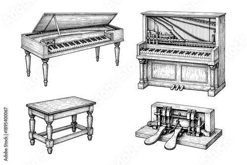 Vintage keyboard instruments set: harpsichord, upright piano, bench, pedal mechanism