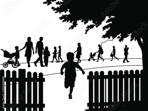 Silhouette of families and children with strollers walking and running in a park with a fence and tree
