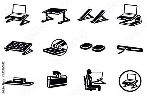 Laptop stands ergonomic support essentials in outline style: laptop stand, adjustable height stand, foldable stand, aluminum stand, ventilated stand, angle. Vector icons