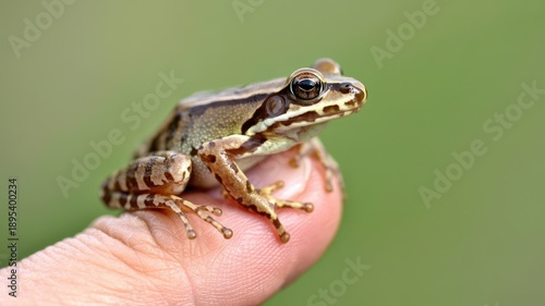 Tiny frog perched on human fingertip in nature