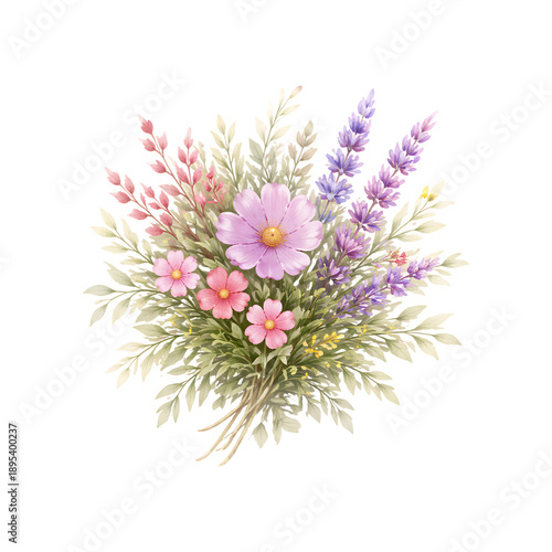 Pastel Wildflower Watercolor Bouquet with Lavender and Pink Flowers Isolated on Transparent Background