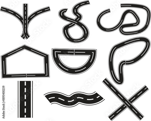Stylized black road clip art on white background showcasing different perspectives