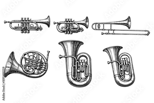 Collection of brass instruments: trumpets, trombones, french horns, tubas in vintage style
