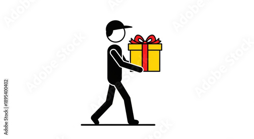 Delivery person carrying a gift box with a red ribbon.
