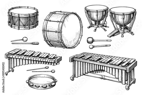 Orchestral percussion instruments set including drums, xylophone, and timpani