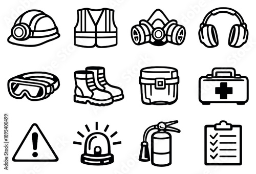 Miner Safety and Protection in outline style: hard hat, reflective vest, respirator mask, ear protection, safety goggles, steel toe boots, self rescuer, first. Vector icons