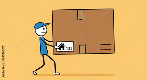 Delivery person carrying a large cardboard box with house icon.