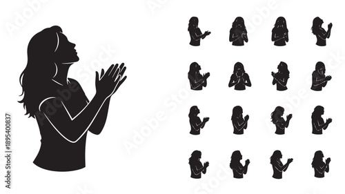 Silhouette of a woman praying beside illustrations of various people praying from different viewpoints and poses