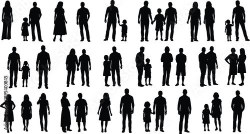 Large collection of diverse family silhouettes, including parents holding hands with children, standing couples, and individual figures for vector design.