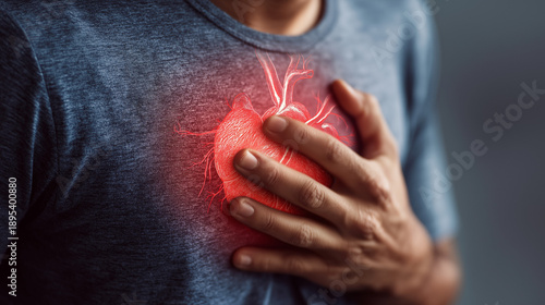 Man Experiencing Chest Pain Holding His Heart, Concept of Heart Attack, Cardiovascular Disease, Medical Emergency, Health Care, Cardiology, Stress and Human Anatomy Illustration