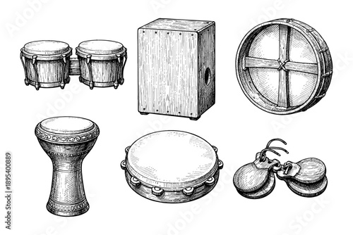 Collection of acoustic percussion instruments in detailed sketch